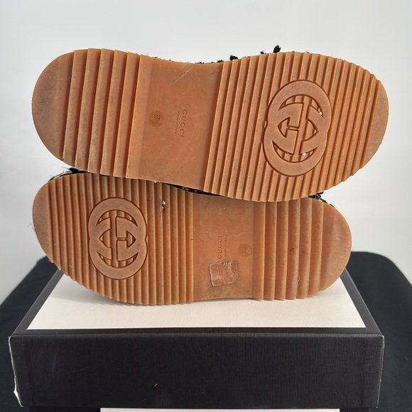 Gucci Black & White Tweed Red Leather Crystal Buckle Platform Sandals SZ 37.5 - Picture 8 of 10